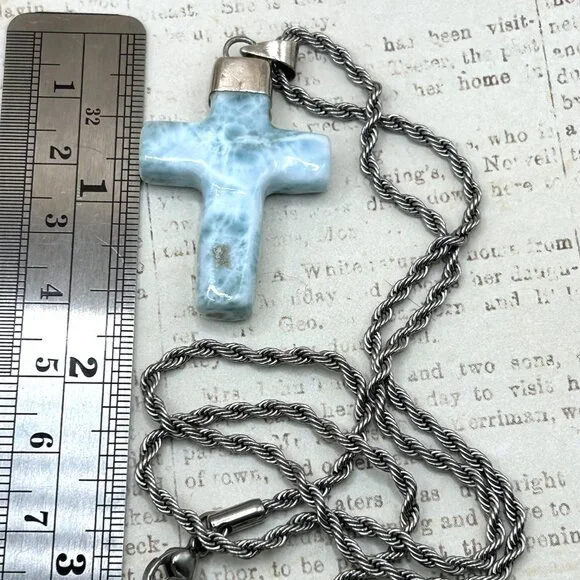 Large Larimar Sky Blue Carved Stone Cross Pendant Necklace Rope Chain Silver - Picture 6 of 9
